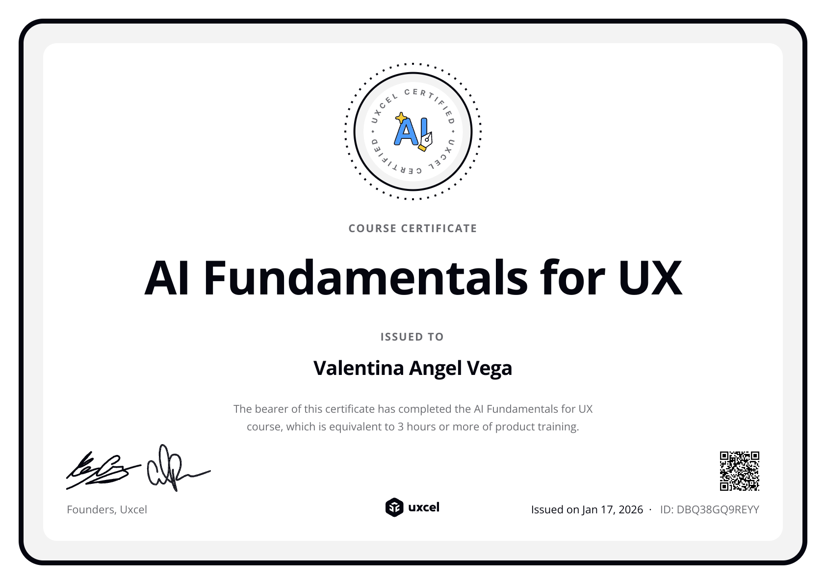 Valentina Angel Vega's certificate